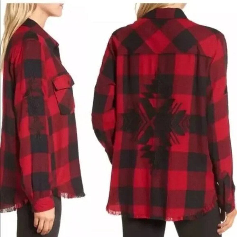 Rails Larsson Check Crimson Jet Embroidered Raw Hem Flannel Shirt Womens Small
